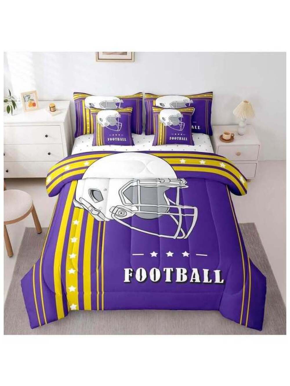 7-Piece Full Size Football Comforter Set, Purple, Yellow & Black - New/Sealed